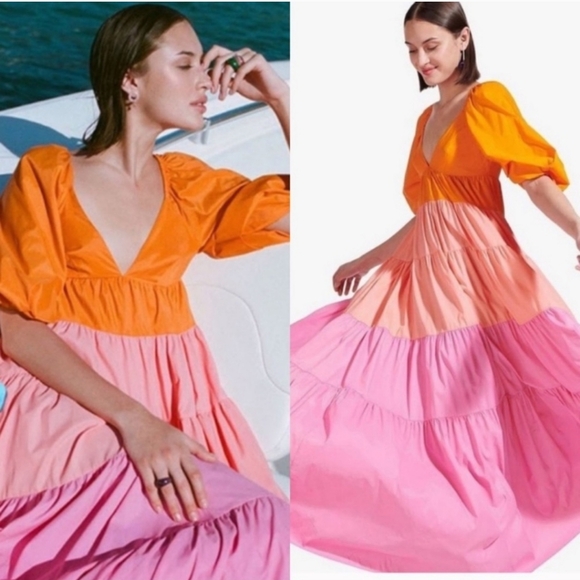 Staud meadow rainbow colorblock multicolor v neck short sleeve tiered maxi dress - Picture 5 of 6